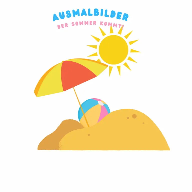 Hier sehen Sie den Schriftzug Ausmalbilder - Der Sommer kommt! Ein Sonnenschirm steckt im Sand, die Sonne scheint und ein bunter Wasserball liegt im Sand.