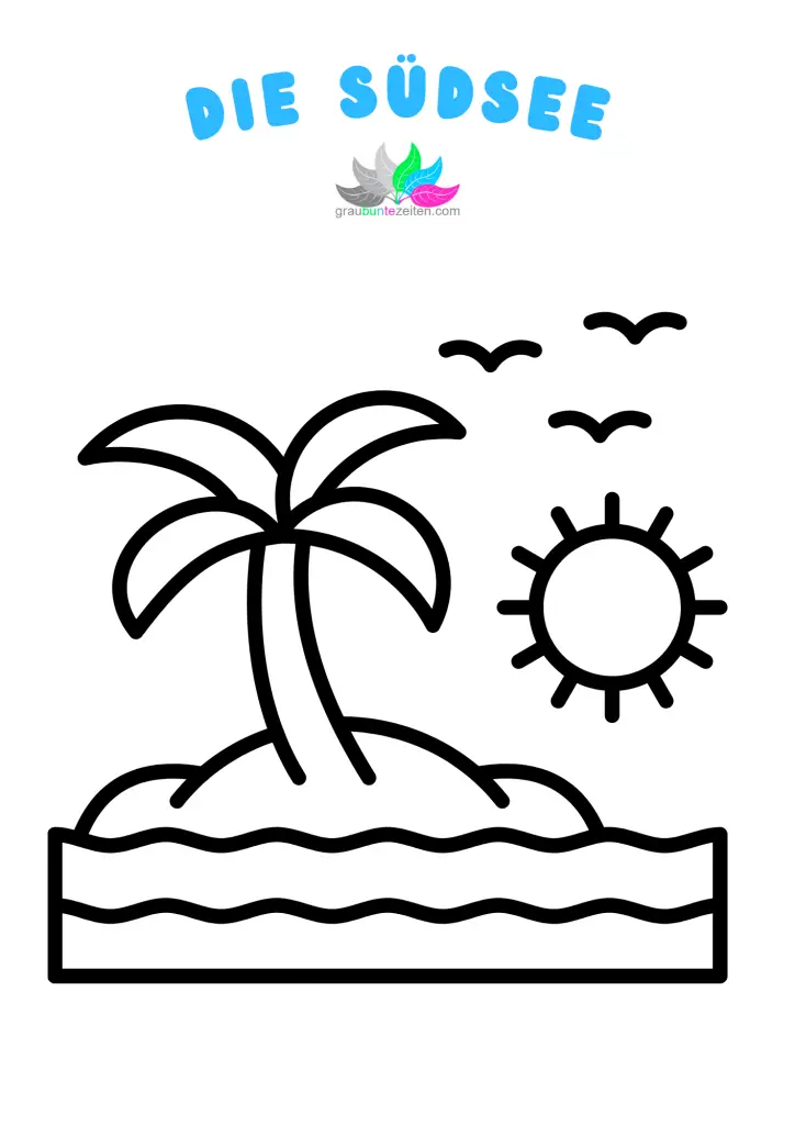Auf diesem Bild ist eine Insel mit Palme im Meer zu sehen. Vögel schweben in der Luft und werden von der Sonne angestrahlt.