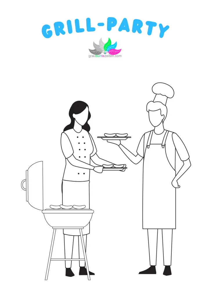 Hier sehen Sie einen Kugelgrill auf dem Würstchen liegen. Neben dem Grill steht eine Frau und ein Mann mit Kochmütze. Beide halten Teller mit Grillwürsten in der Hand.