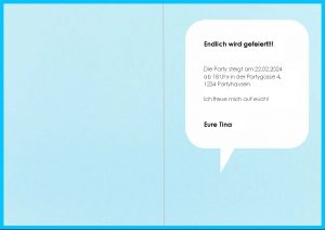 Hier sehen Sie die Rückseite der Karte mit den schillernden Luftballons.. Sie hat einen hellblauen Hintergrund auf dem sich ein weißes Textfeld befindet.
