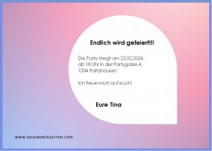 Hier sehen Sie die Rückseite der Karte mit den pinken Luftballons. Der Hintergrund der Karte hat einen Farbverlauf von blau nach rosa. Es ist ein weißes Textfeld zu sehen.