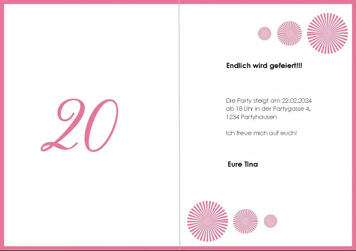 Hier sehen Sie die Rückseite der Einladungskarte mit der rosa 20 im Kreis. Links ist eine rosa 20 zu sehen, rechts mehrere rosa Kreise und ein schwarzer Beispieltext.