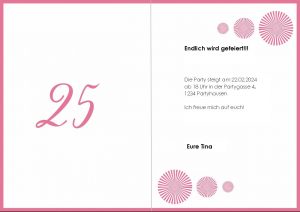 Hier sehen Sie die Rückseite der Einladungskarte mit der rosa 25 im Kreis. Links ist eine rosa 25 zu sehen, rechts mehrere rosa Kreise und ein schwarzer Beispieltext.