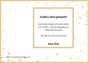 Hier sehen Sie die Rückseite der Wunderkerzen Karte. Die Karte ist golden eingerahmt. Auf ihr sind goldene Konfetti und ein kleinerer, goldener Rahmen mit einem Beispieltext darin.