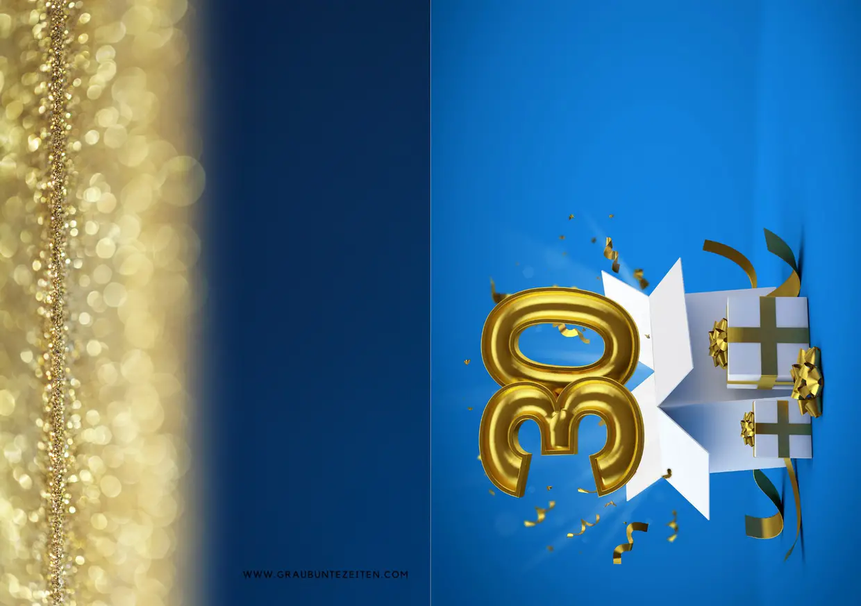 Hier sehen Sie eine goldene 30 aus einem weißen Geschenkpaket springen. Das Paket steht auf einem blauen Hintergrund mit Goldflitter.