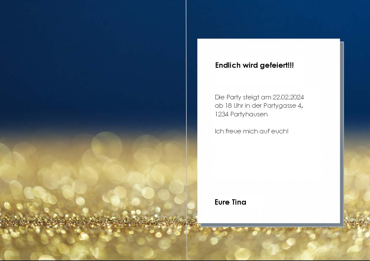 Das ist die Rückseite der goldenen 30. Sie ist dunkelblau mit goldenem Flitter und einem weißen Feld mit Mustertext.