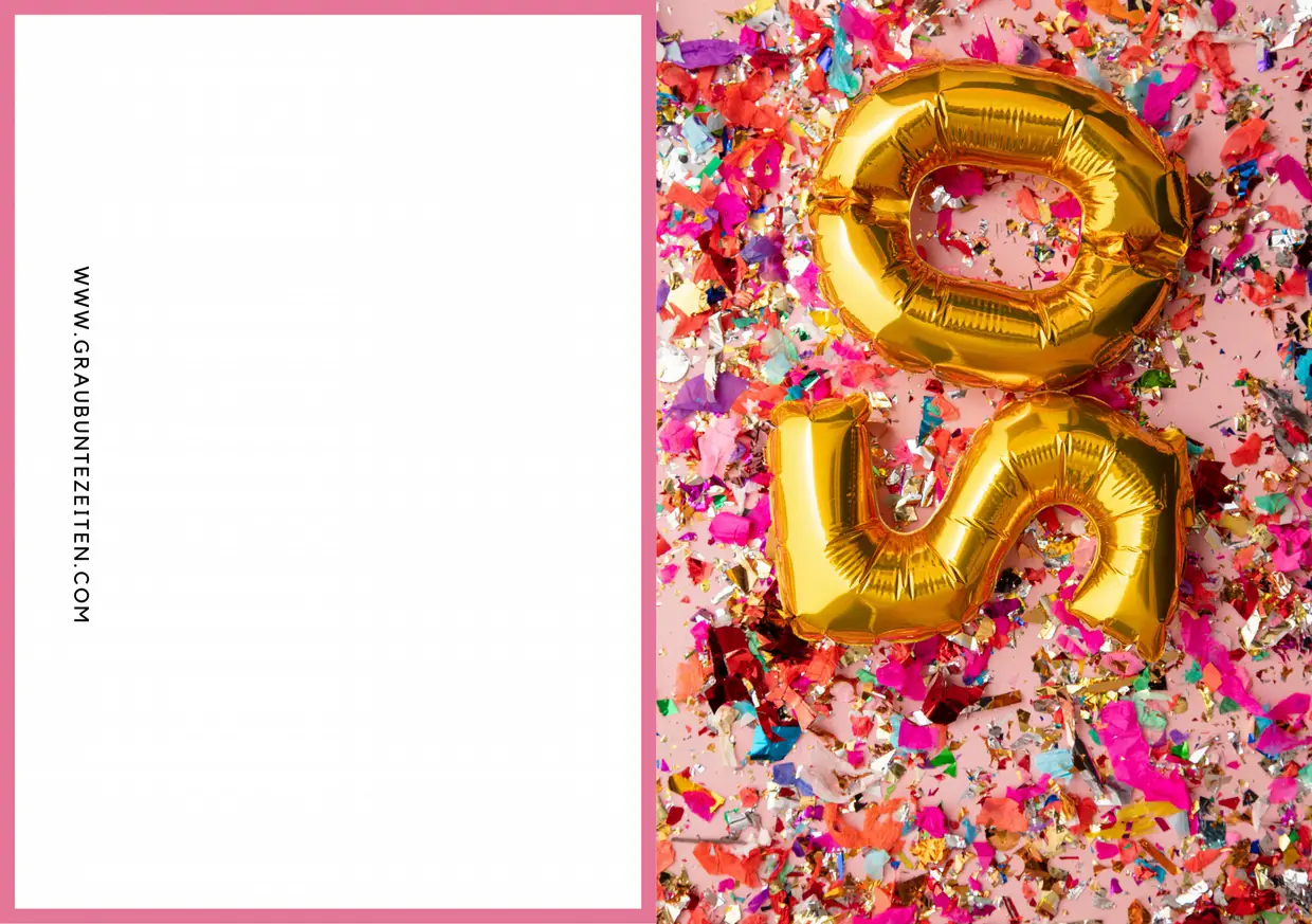 Hier sehen Sie die Zahl 50 dargestellt von goldenen Luftballons. Der Hintergrund ist rosa mit Konfetti.