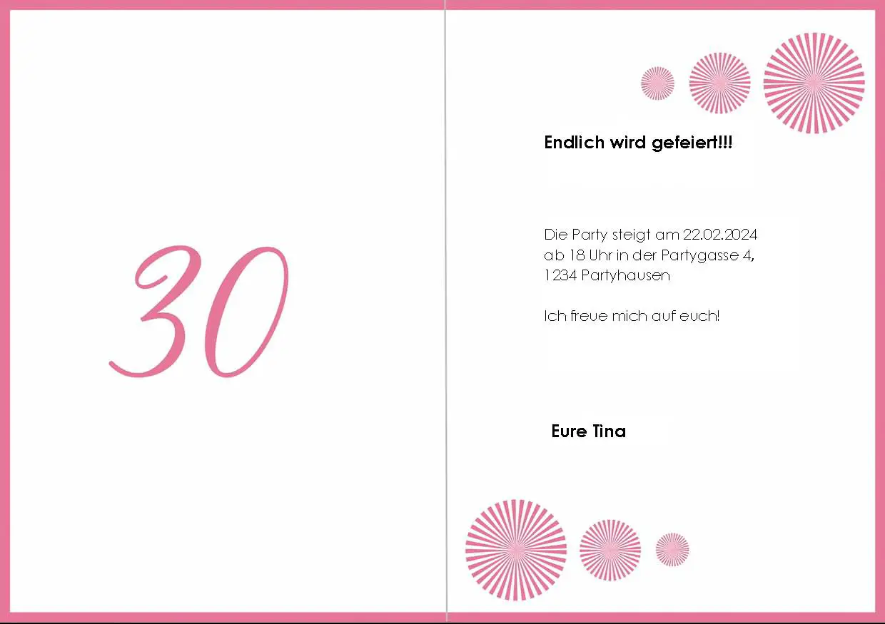 Hier sehen Sie die Rückseite der Einladungskarte mit der rosa 30 im Kreis. Links ist eine rosa 30 zu sehen, rechts mehrere rosa Kreise und ein schwarzer Beispieltext.