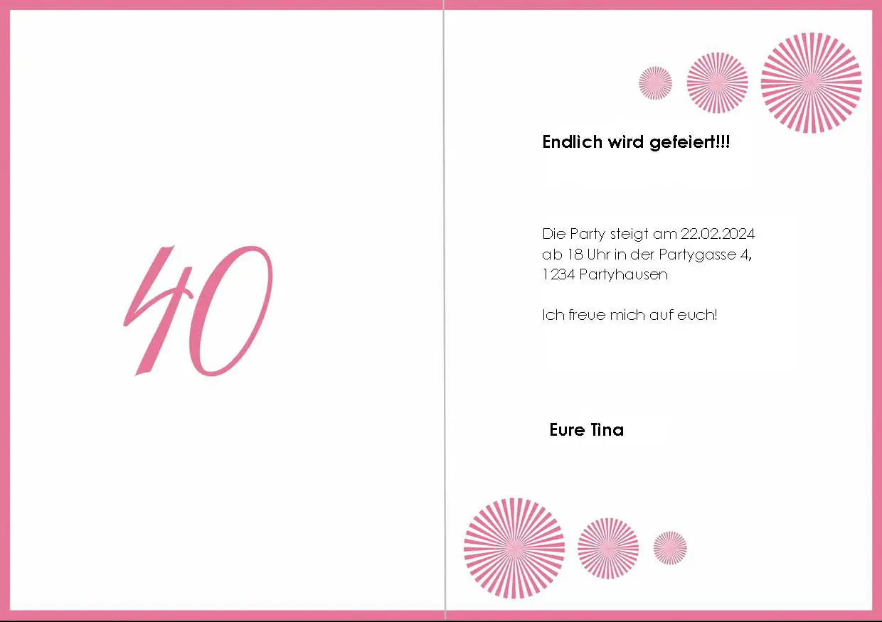 Hier sehen Sie die Rückseite der Einladungskarte mit der rosa 40 im Kreis. Links ist eine rosa 40 zu sehen, rechts mehrere rosa Kreise und ein schwarzer Beispieltext.