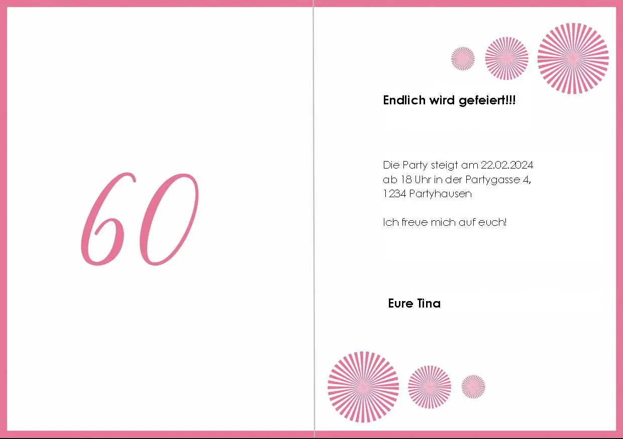 Hier sehen Sie die Rückseite der Einladungskarte mit der rosa 60 im Kreis. Links ist eine rosa 60 zu sehen, rechts mehrere rosa Kreise und ein schwarzer Beispieltext.