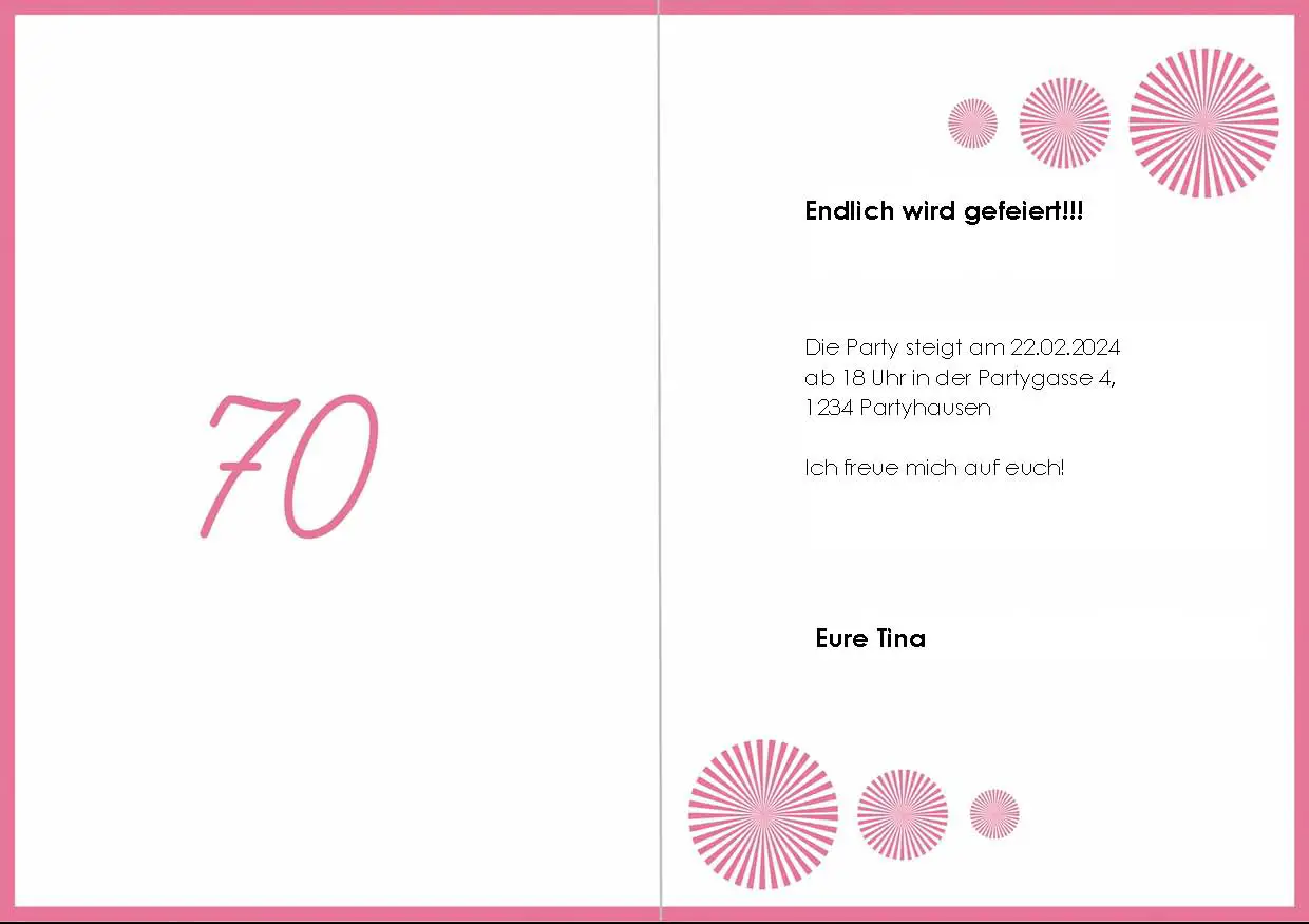 Hier sehen Sie die Rückseite der Einladungskarte mit der rosa 70 im Kreis. Links ist eine rosa 70 zu sehen, rechts mehrere rosa Kreise und ein schwarzer Beispieltext.