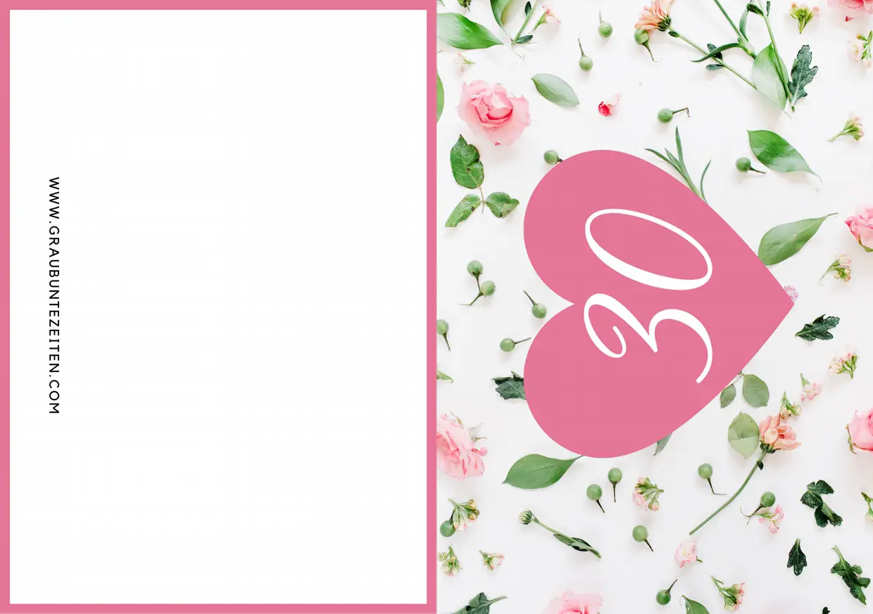 Auf dieser Einladungskarte sehen Sie im Hintergrund viele rosa Blumen. Auf den Blumen ist ein rosa Herz mit einer weißen 30 in der Mitte.