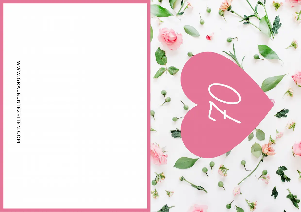 Auf dieser Einladungskarte sehen Sie im Hintergrund viele rosa Blumen. Auf den Blumen ist ein rosa Herz mit einer weißen 70 in der Mitte.