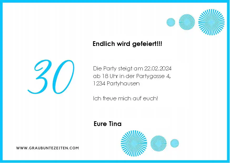 Hier sehen Sie die Rückseite der Einladungskarte mit der blauen 30 im Kreis. Links ist eine blaue 30 zu sehen, rechts mehrere blaue Kreise und ein schwarzer Beispieltext.