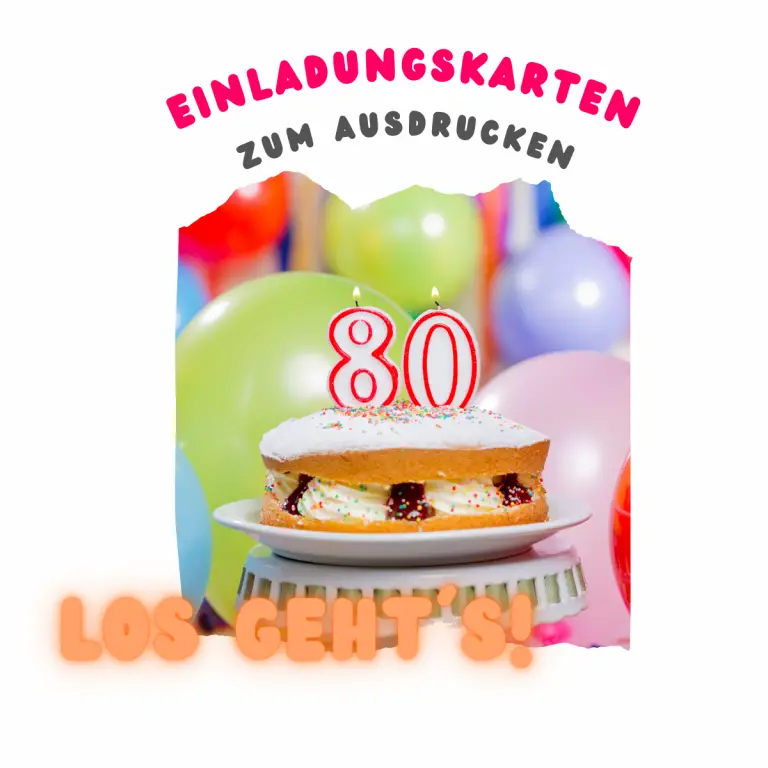 Auf diesem Bild sehen Sie einen Geburtstagskuchen mit zwei brennenden Kerzen darauf. Die Kerzen bilden die Zahl 80. Im Hintergrund sind bunte Luftballons zu sehen.