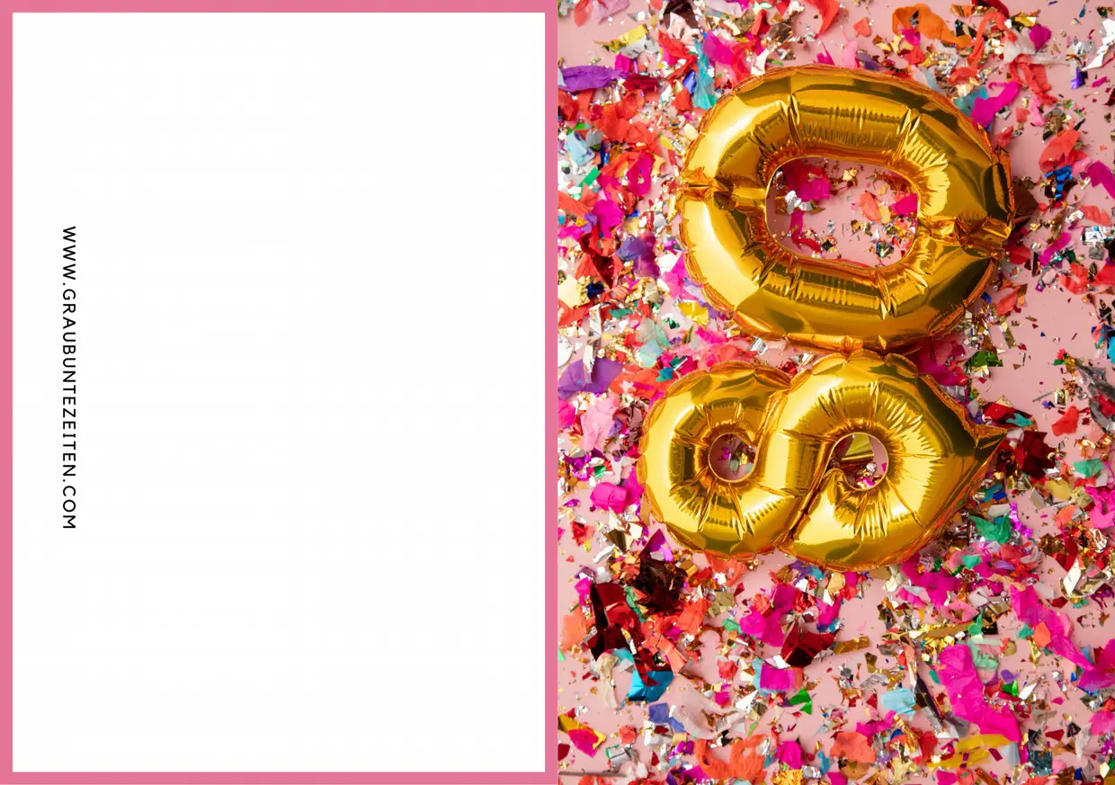 Hier sehen Sie die Zahl 80 dargestellt von goldenen Luftballons. Der Hintergrund ist rosa mit Konfetti.