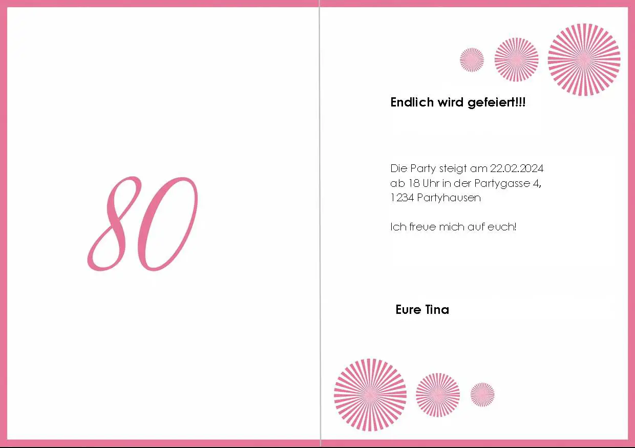 Hier sehen Sie die Rückseite der Einladungskarte mit der rosa 80 im Kreis. Links ist eine rosa 80 zu sehen, rechts mehrere rosa Kreise und ein schwarzer Beispieltext.