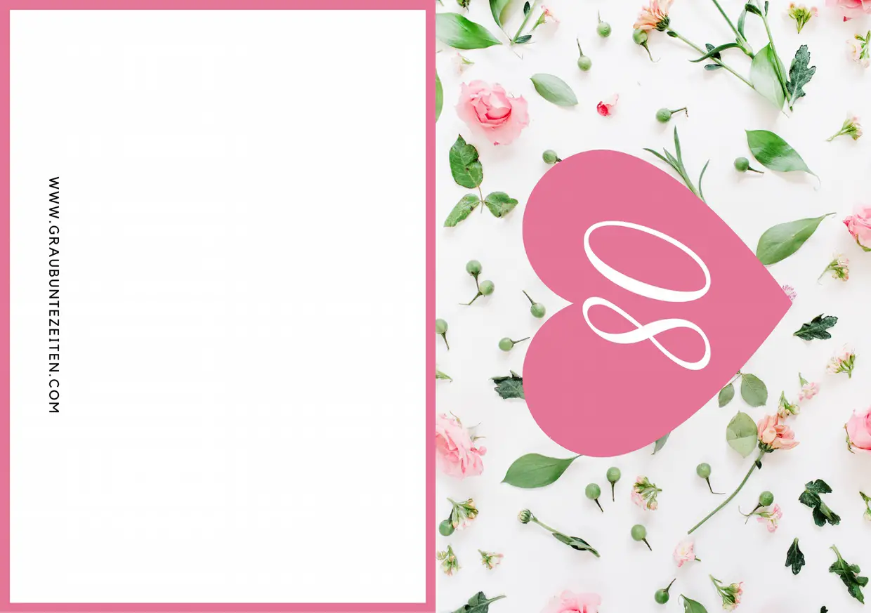 Auf dieser Einladungskarte sehen Sie im Hintergrund viele rosa Blumen. Auf den Blumen ist ein rosa Herz mit einer weißen 80 in der Mitte.
