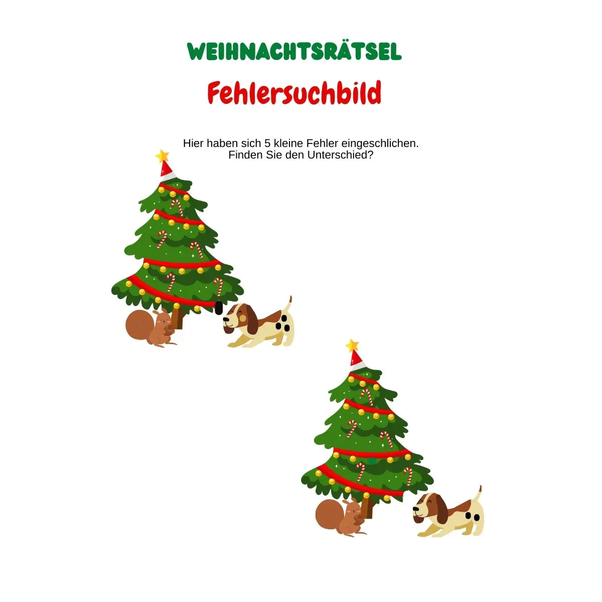 Fehlersuchbild mit Weihnachtsbaum, Eichhörnchen und Hund.