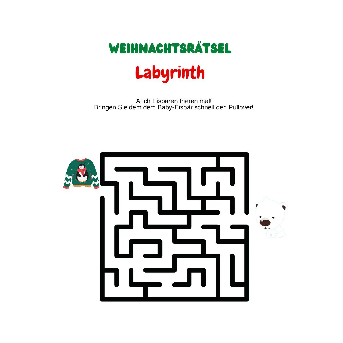 Labyrinth mit Weihnachtspullover und kleinem Eisbär.
