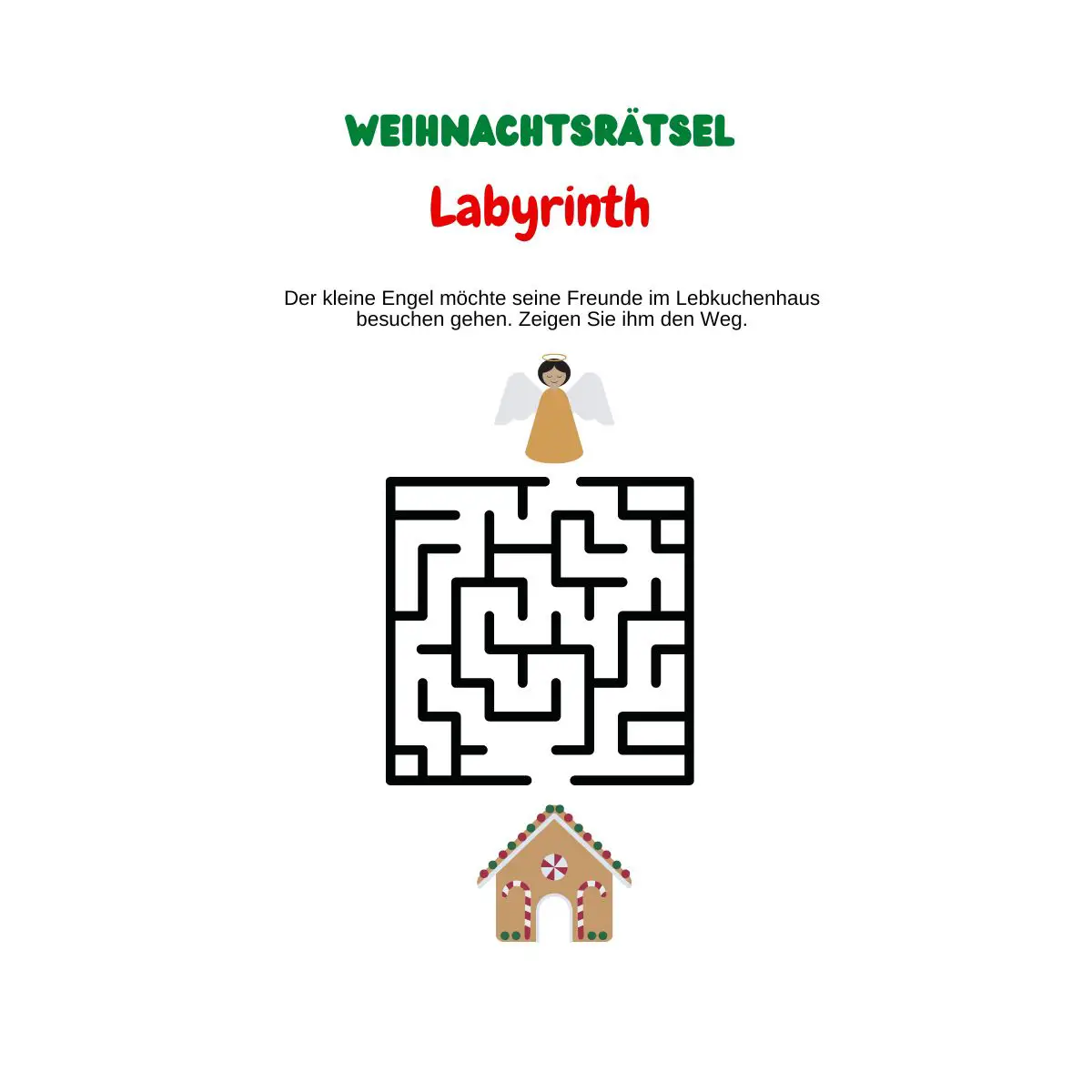 Labyrinth mit Weihnachtsengel und Lebkuchenhaus.