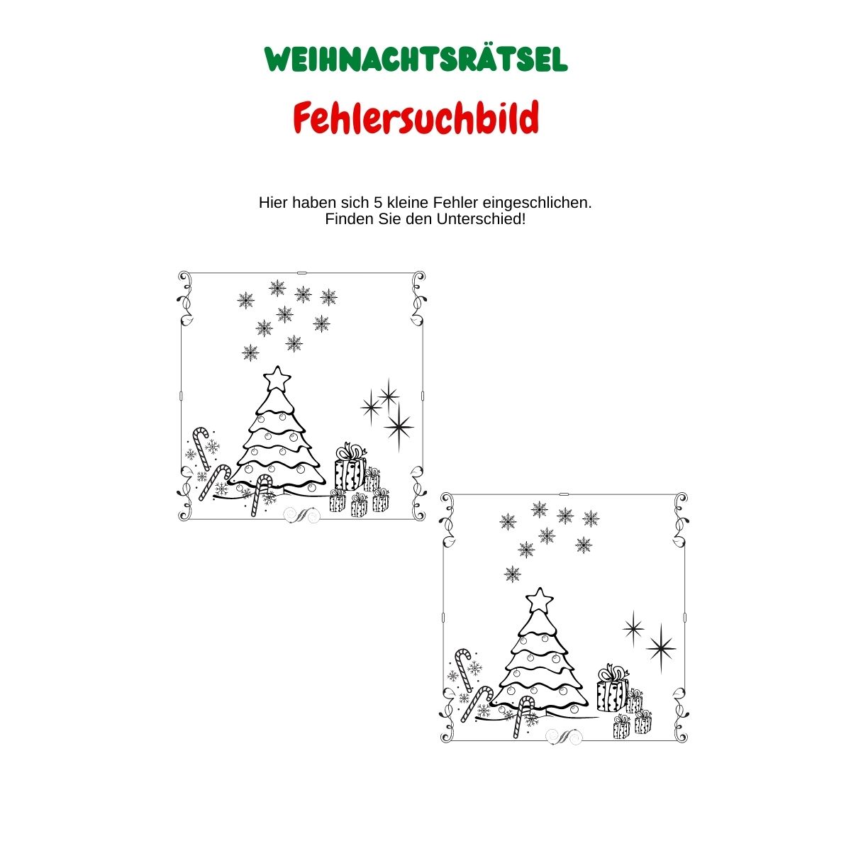 Fehlersuchbild Weihnachtsbaum mit Sternen und Geschenken.