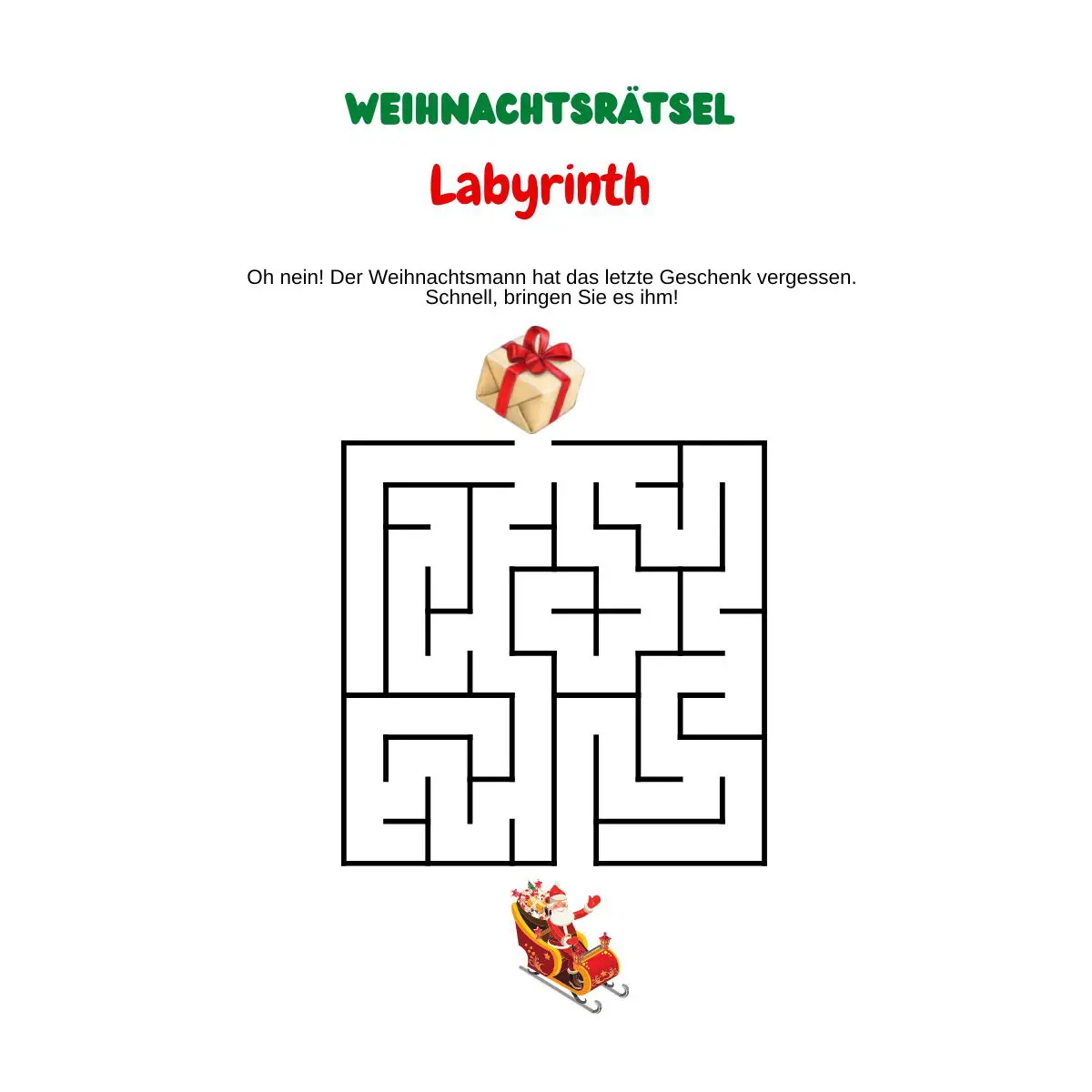Labyrinth mit Geschenk und Weihnachtsschlitten.