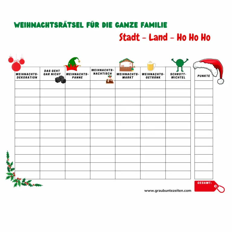 Weihnachtsrätsel für die ganze Familie - Stadt - Land - Ho Ho Ho - Grau 
