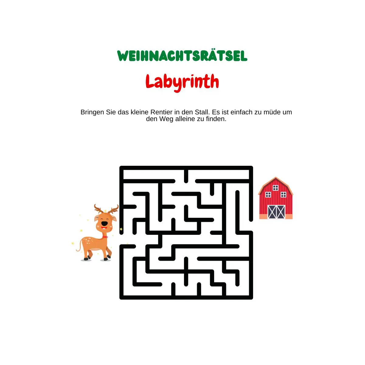 Labyrinth mit Rentier und Scheune.