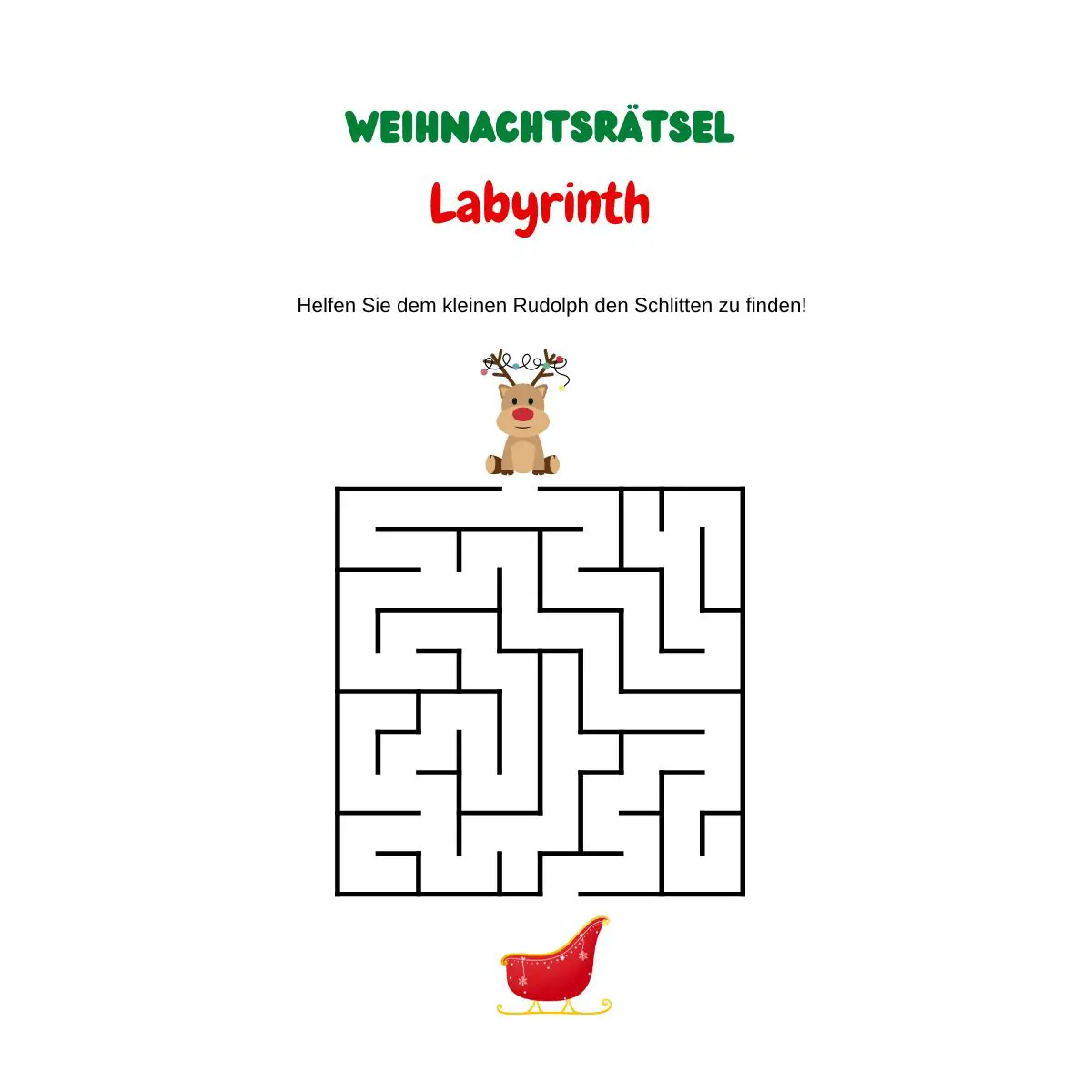Labyrinth mit Rentier und Weihnachtsschlitten.