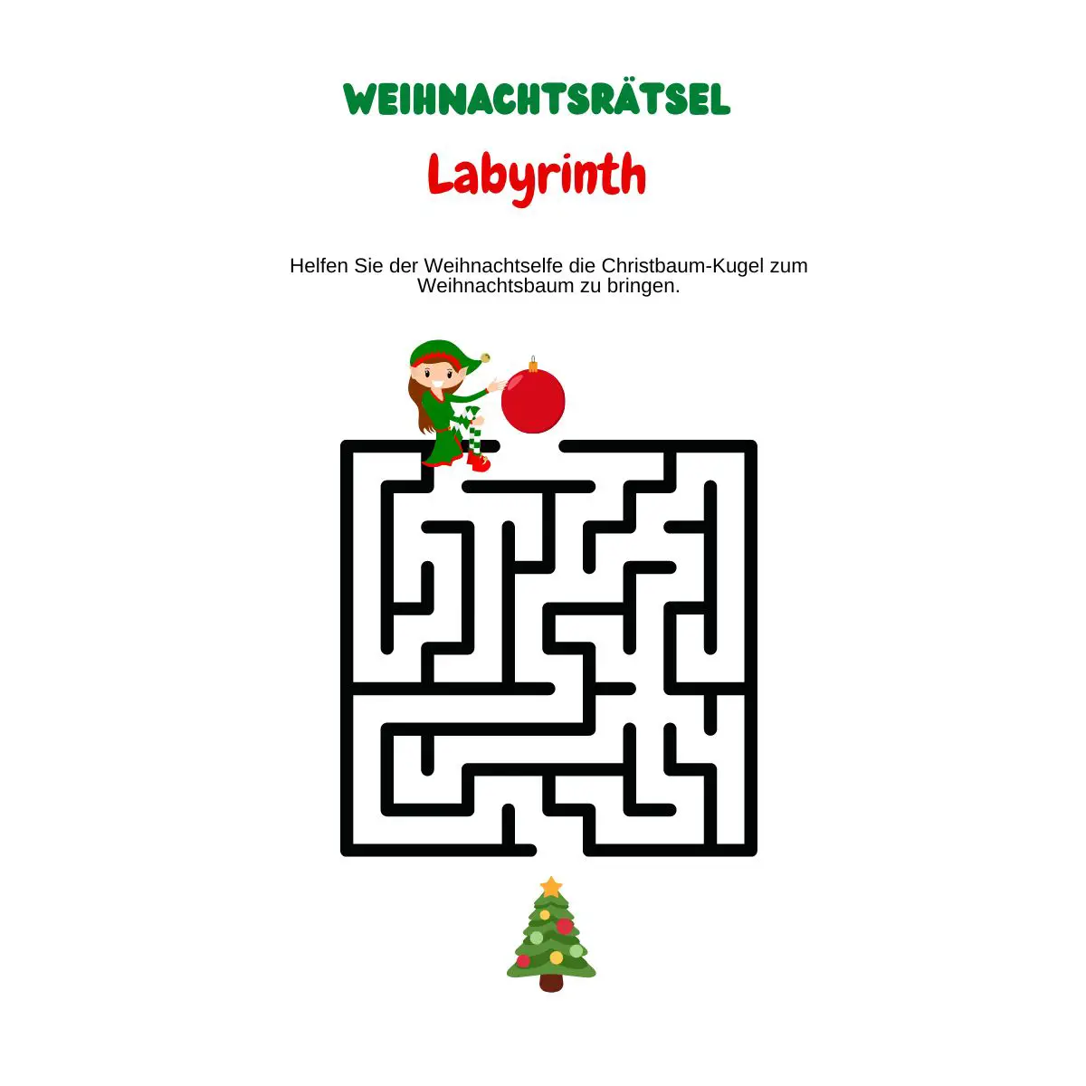 Labyrinth mit Weihnachtselfe und Weihnachtsbaum.