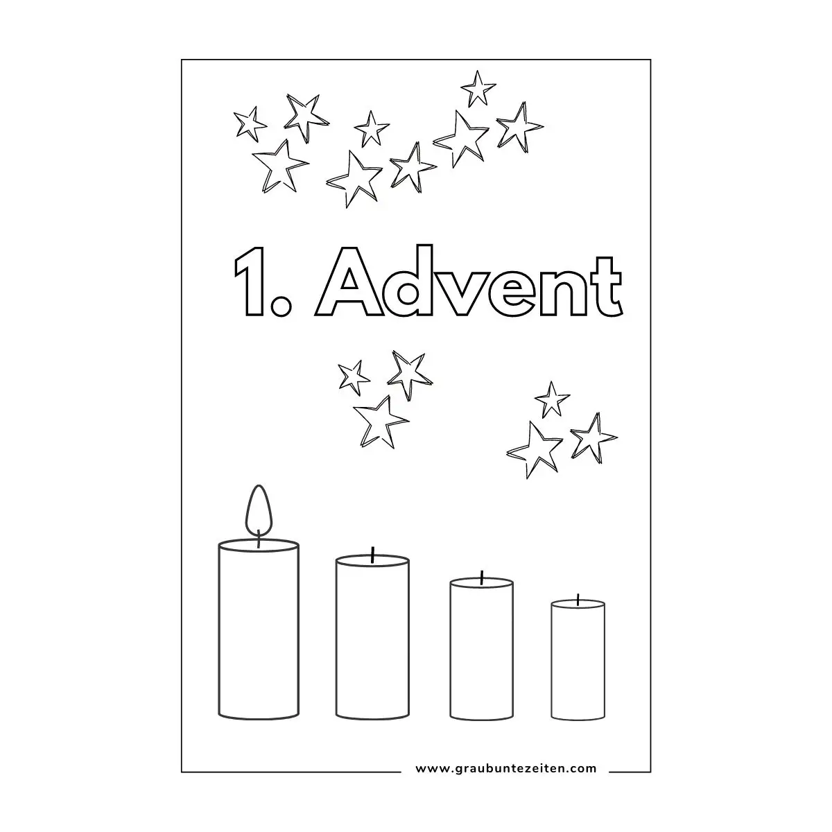 Ausmalbild mit Schriftzug 1. Advent. Vier Kerzen. Eine Kerze brennt. Sterne.