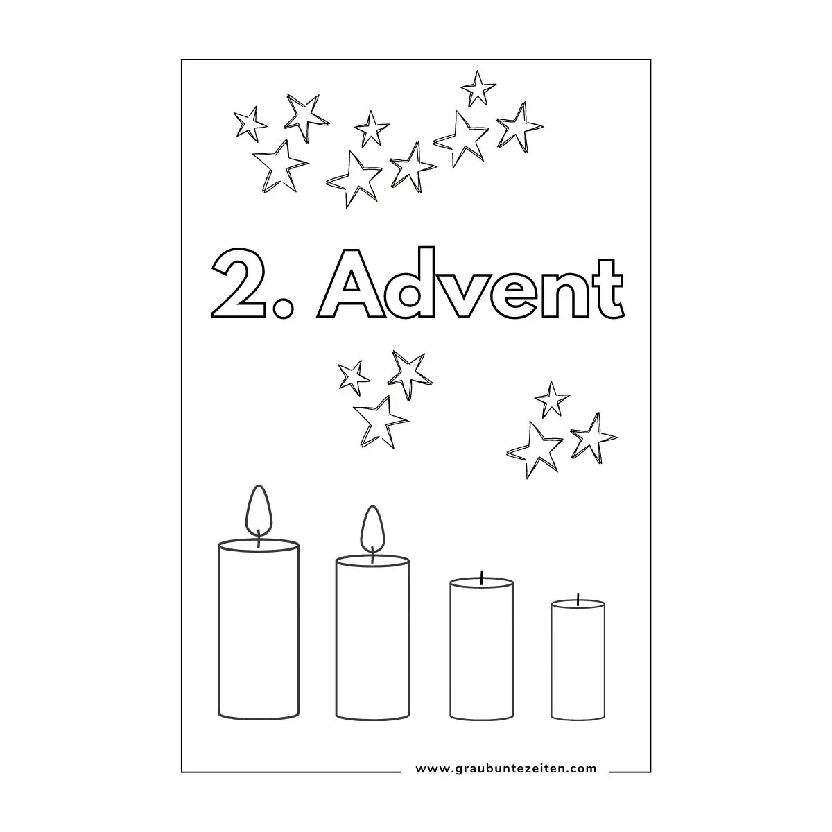 Ausmalbild mit Schriftzug 2. Advent. Vier Kerzen. Zwei Kerzen brennen. Sterne.