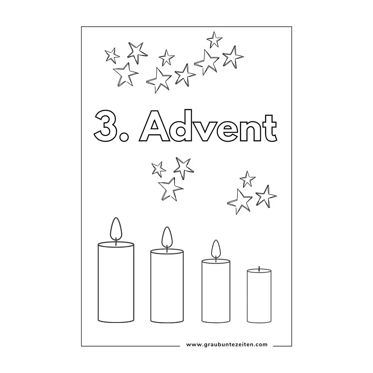 Ausmalbild mit Schriftzug 3. Advent. Vier Kerzen. Drei Kerzen brennen. Sterne.