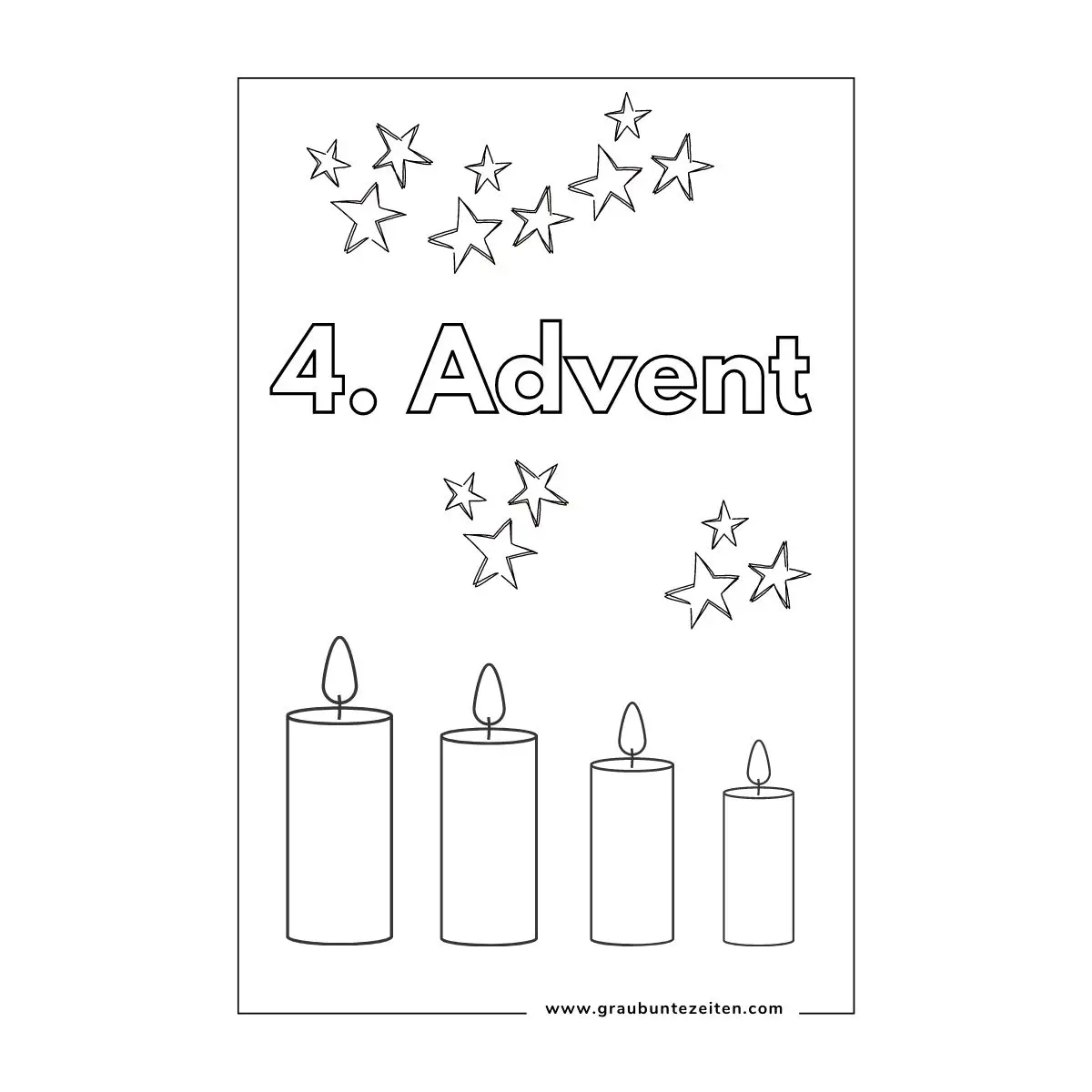 Ausmalbild mit Schriftzug 4. Advent. Vier Kerzen brennen. Sterne.