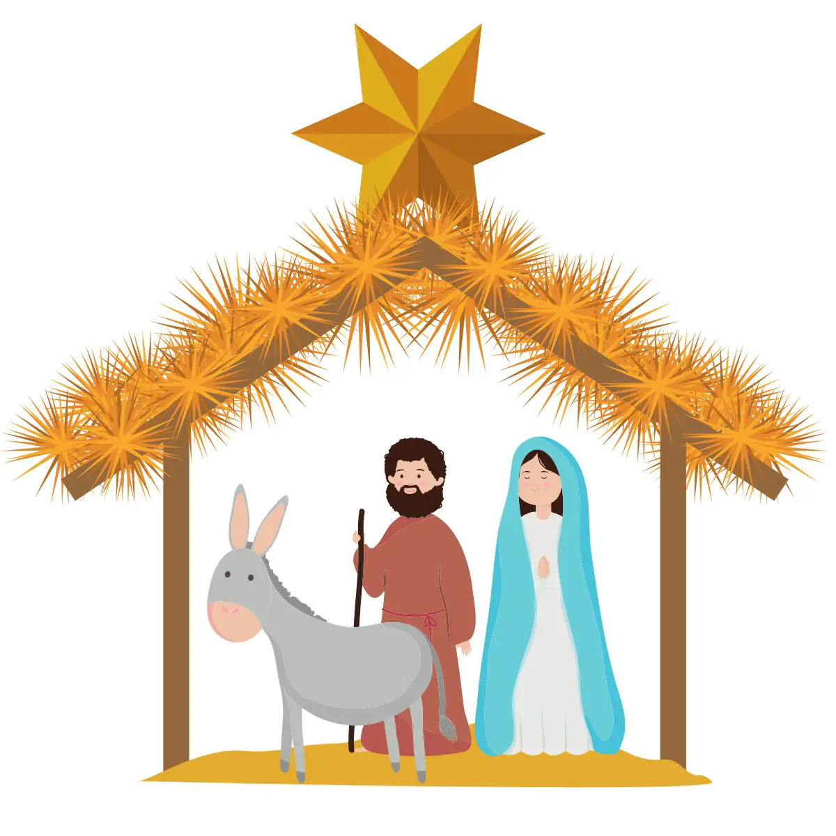 Maria und Josef stehen mit einem Esel im Stall von Bethlehem.
