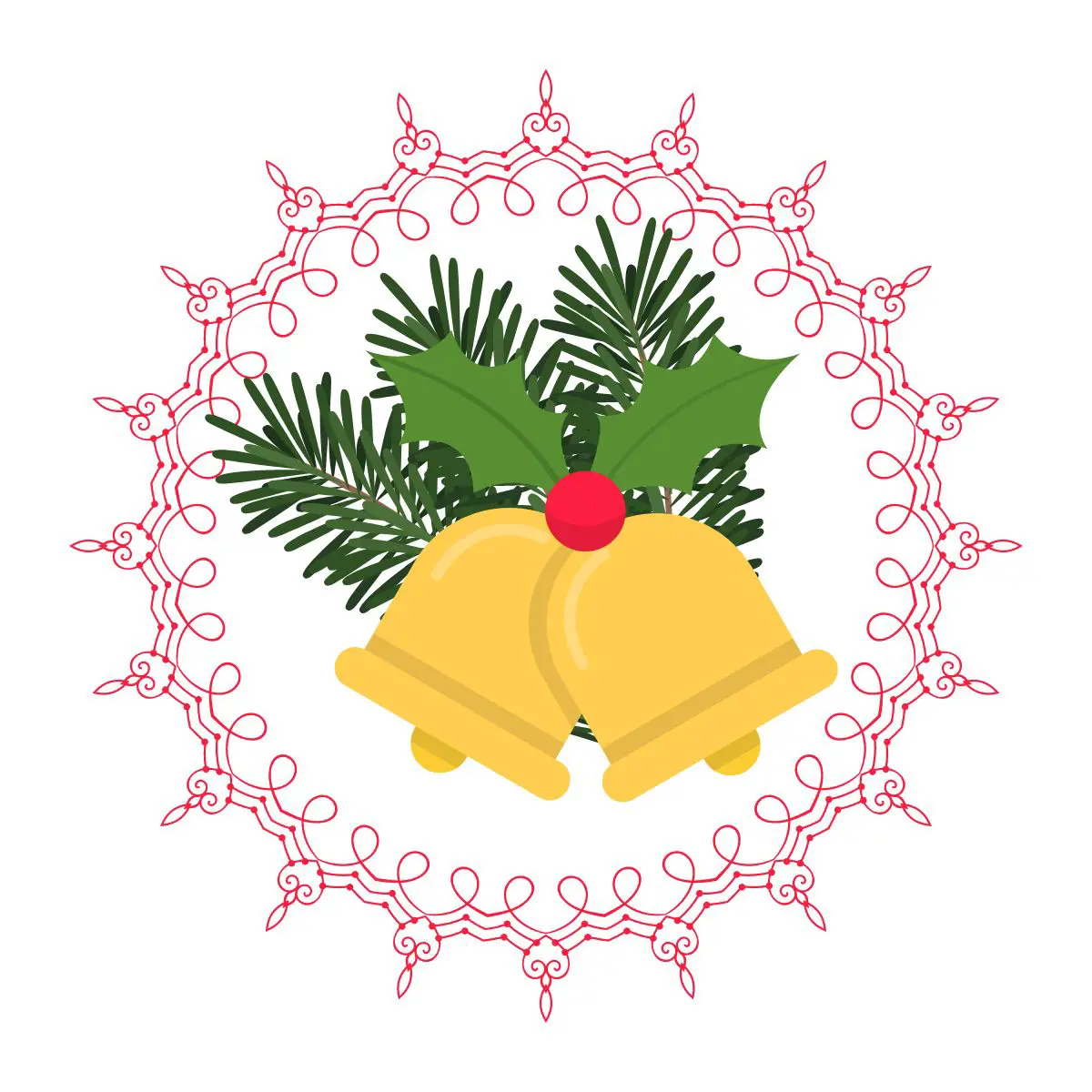 Ausmalbild Mandala mit rotem Rahmen und Weihnachtsglocken in der Mitte.