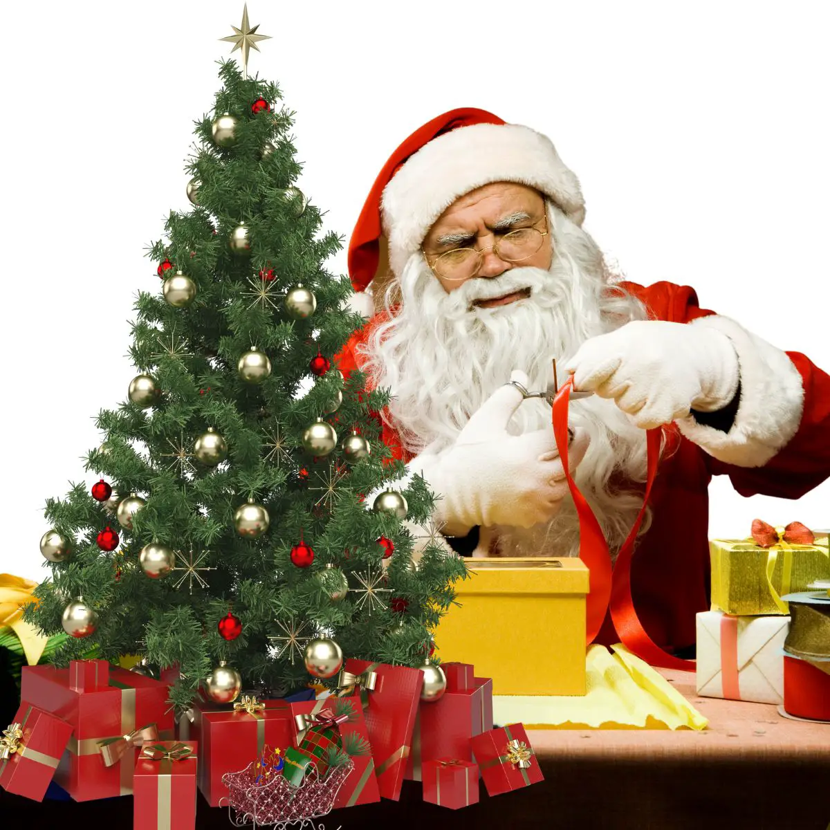 Weihnachtsmann verpack goldenes Geschenk mit roter Schleife. Im Vordergrund steht ein kleiner, geschmückter Weihnachtsbaum. Unter dem Weihnachtsbaum lieben rote Geschenke mit goldenen Schleifen.