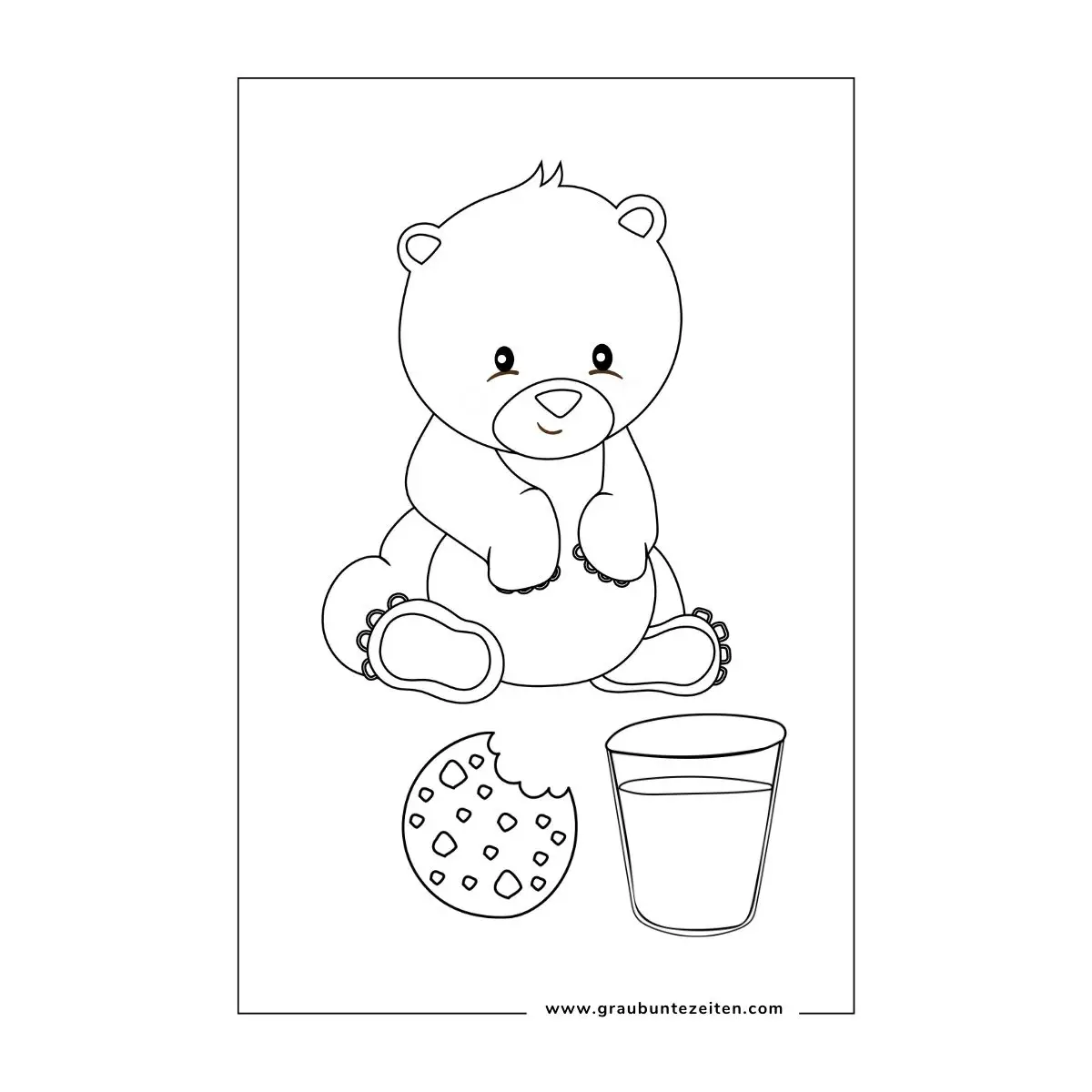 Ausmalbilder Weihnachten Tiere. Ein kleiner Bär hat ein Glas Milch und einen Keks.