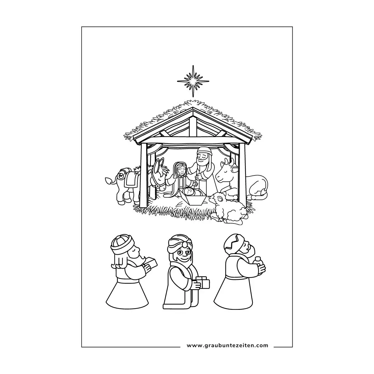 Ausmalbild. Die Heiligen Drei Könige bringen dem Jesuskind ihre Geschenke.