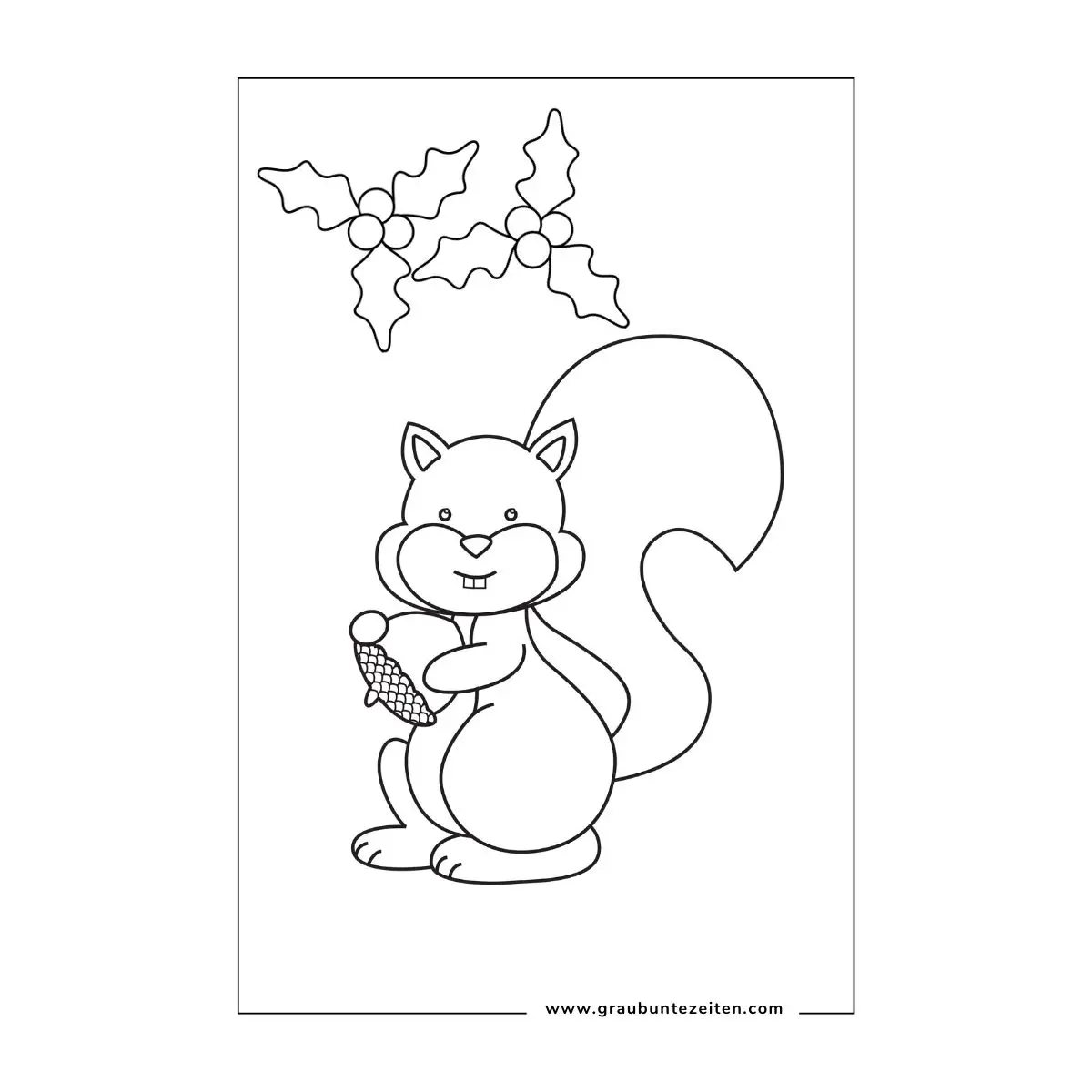 Ausmalbilder Weihnachten Tiere. Ein Eichhörnchen mit einer Eichel sitzt unter einem Mistelzweig.