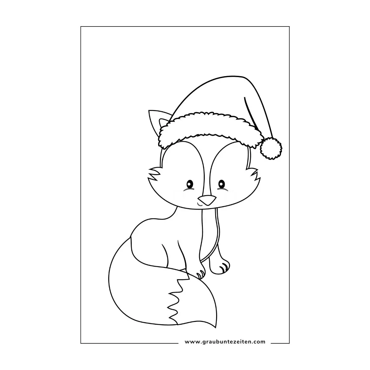 Ausmalbilder Weihnachten Tiere. Ein kleiner Fuchs mit einer Weihnachtsmütze.