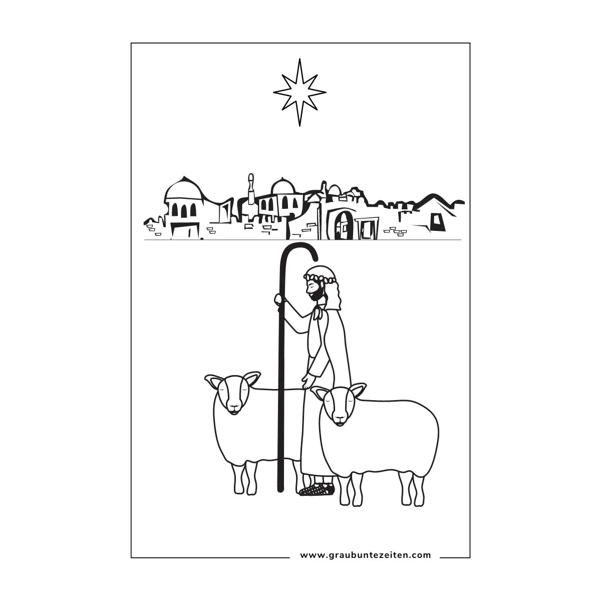 Ausmalbild. Josef bewacht seine Schafe vor den Toren Bethlehems.