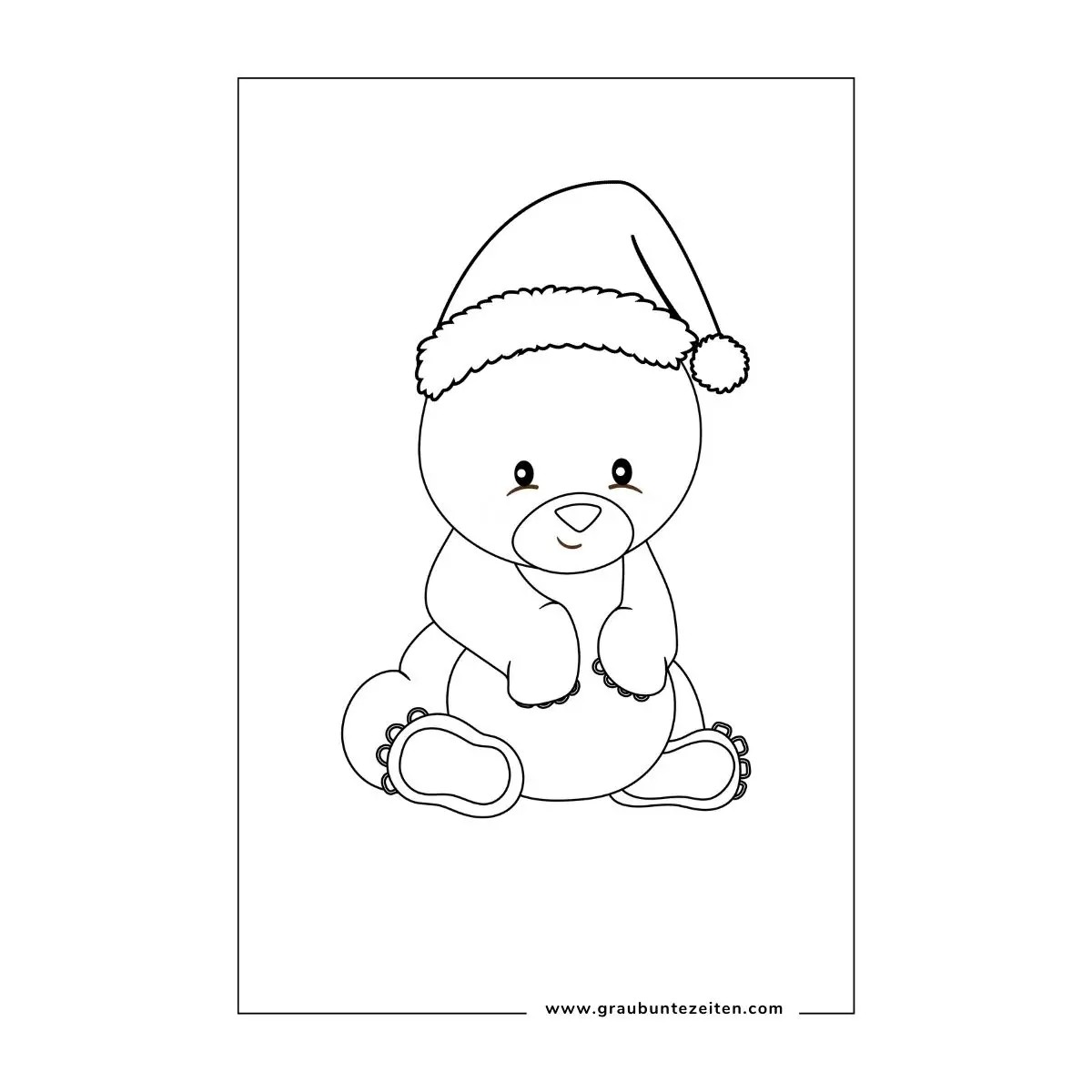 Ausmalbilder Weihnachten Erwachsene. Kleiner Bär mit Weihnachtsmütze.