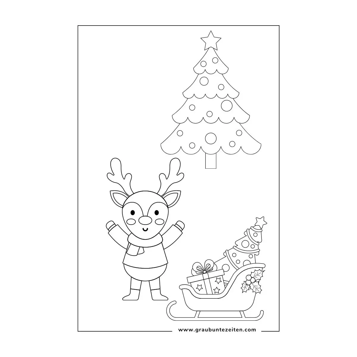 Ausmalbilder Weihnachten Rentier. Kleines Rentier steht vor Weihnachtsbaum. Ein Weihnachtsschlitten mit Geschenken.