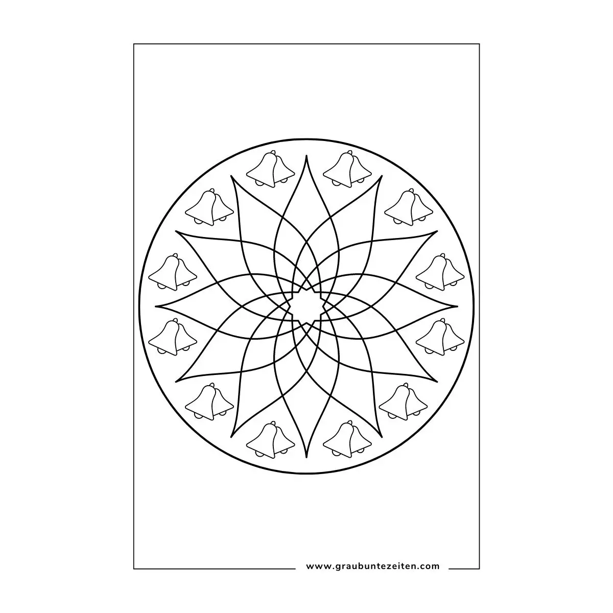Ausmalbild Mandala Blattformen im Kreis angeordnet. Am Rand sind kreisförmig als Umrandung je zwei Glocken.