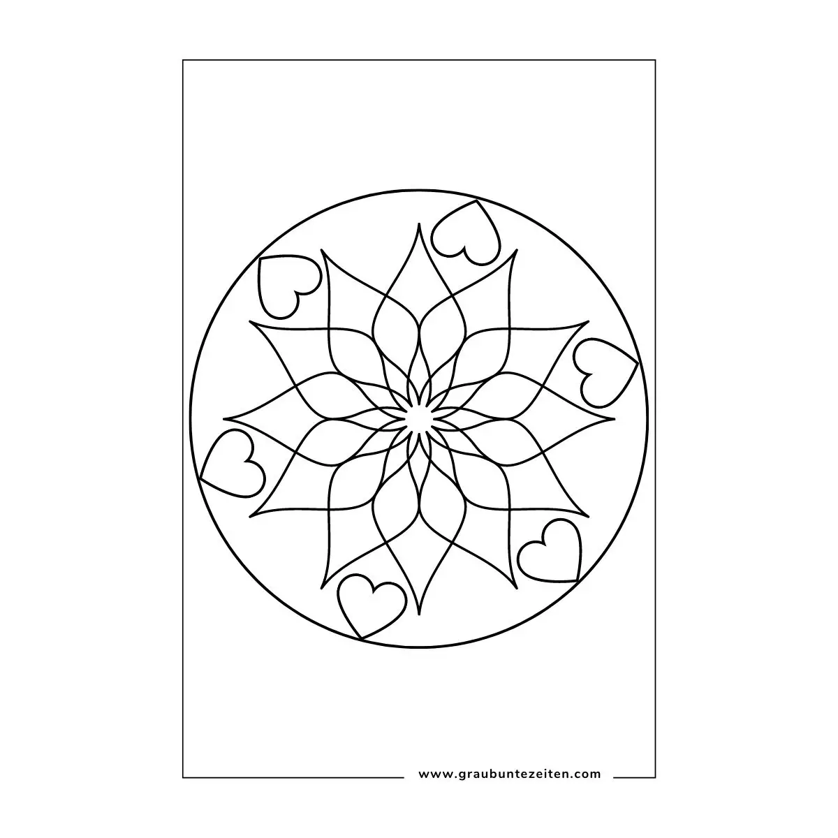 Ausmalbild Mandala. In der Mitte ist eine blütenähnliche Form. Nach außen hin kommen geschwungene Linien. Ganz außen sind Herzen.