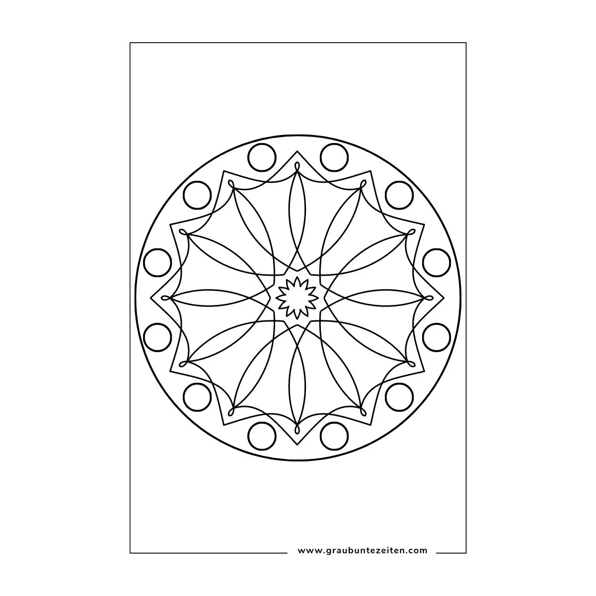 Ausmalbild Mandala. In der Mitte ist ein Stern. In der zweiten Reihe sind geschwungene Linien. Ganz außen sind Kreise.