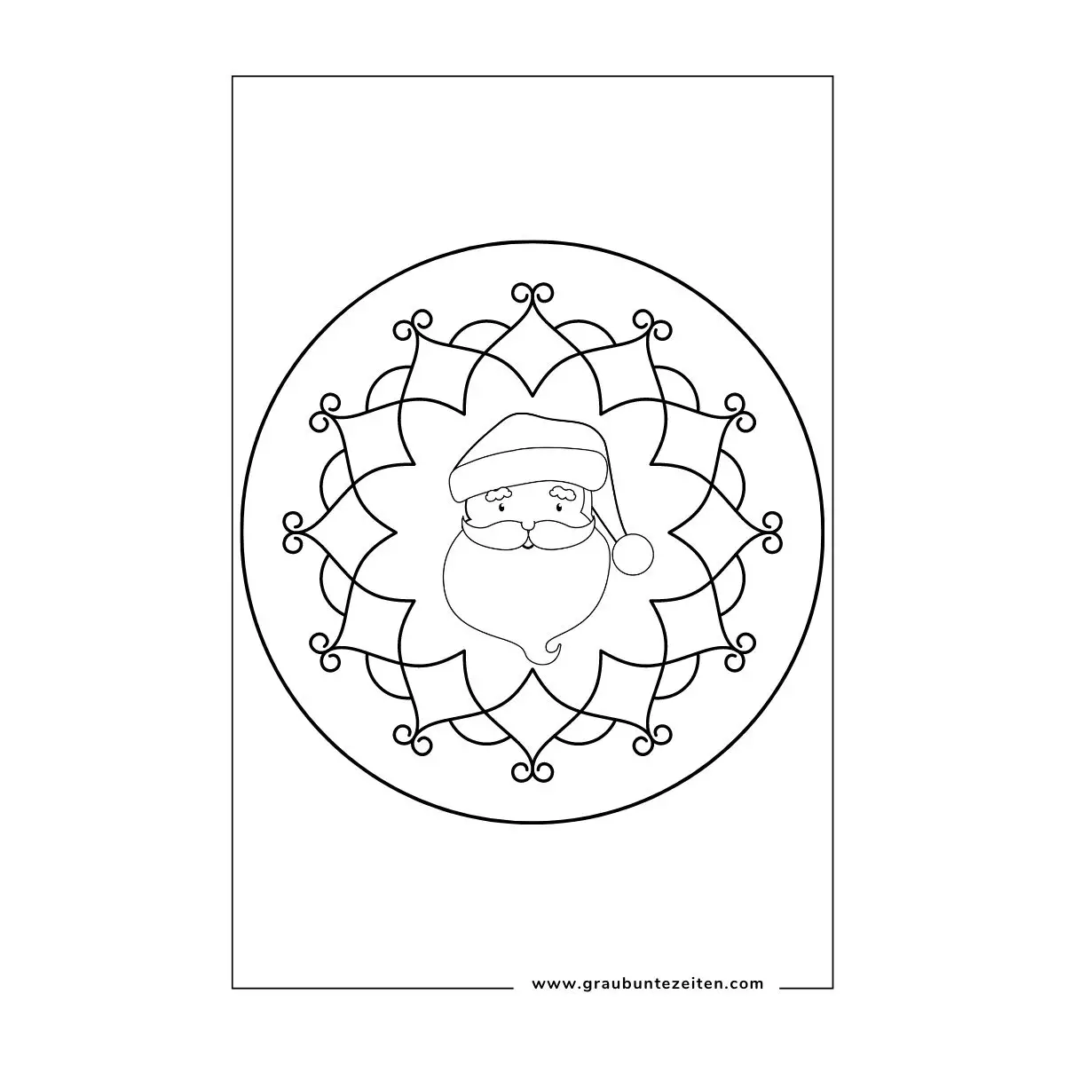 Ausmalbild Mandala. In der Mitte ist der Kopf des Weihnachtsmannes. Als Rahmen sind geschwungene Formen Kreisförmig um den Kopf gezeichnet.