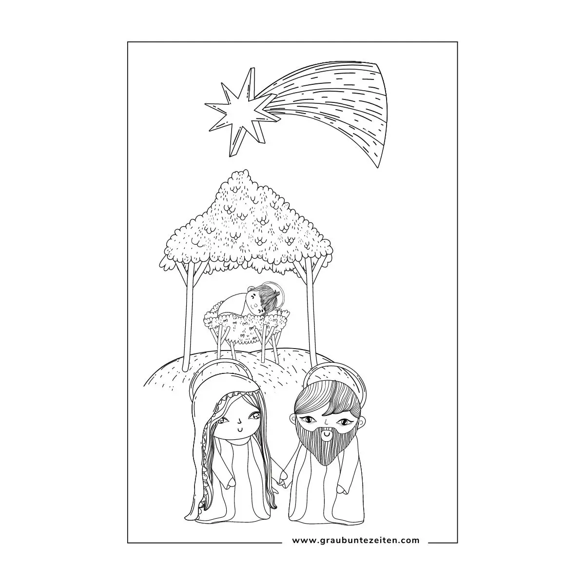 Ausmalbild. Maria und Josef stehen vor dem Stall von Bethlehem. Im Stall ist die Krippe mit dem Jesuskind.